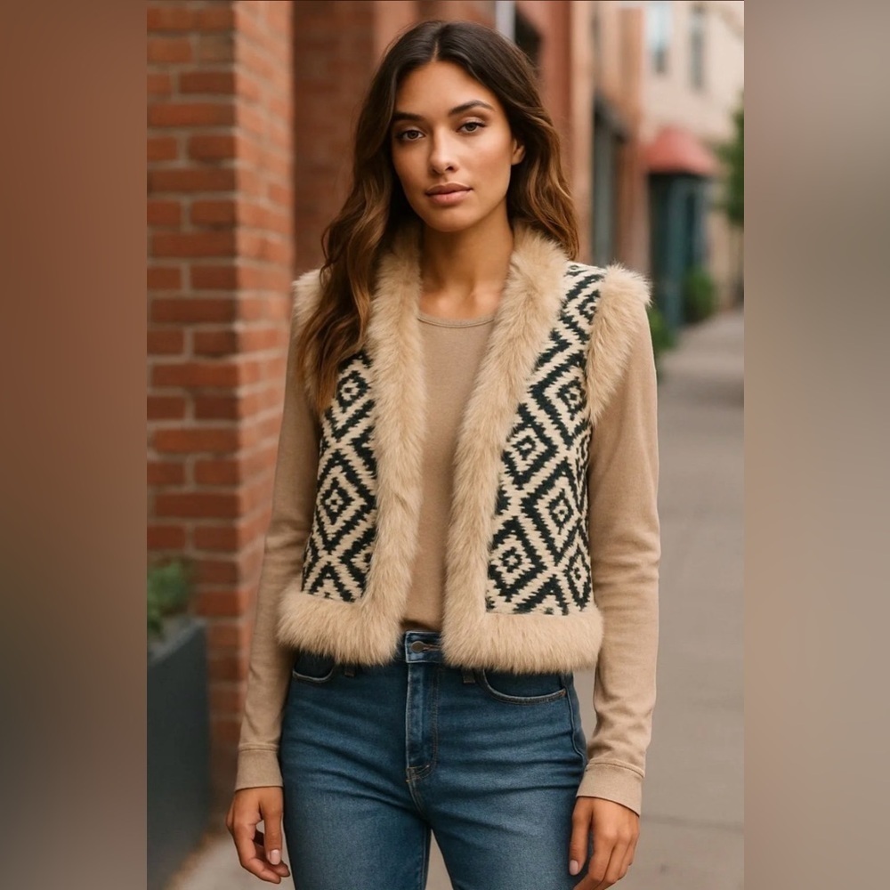 Faux Fur Trim Geometric Vest
